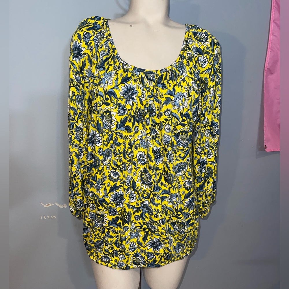Michael Kors yellow blue floral scoop neck 3/4 sleeve top shirt blouse medium